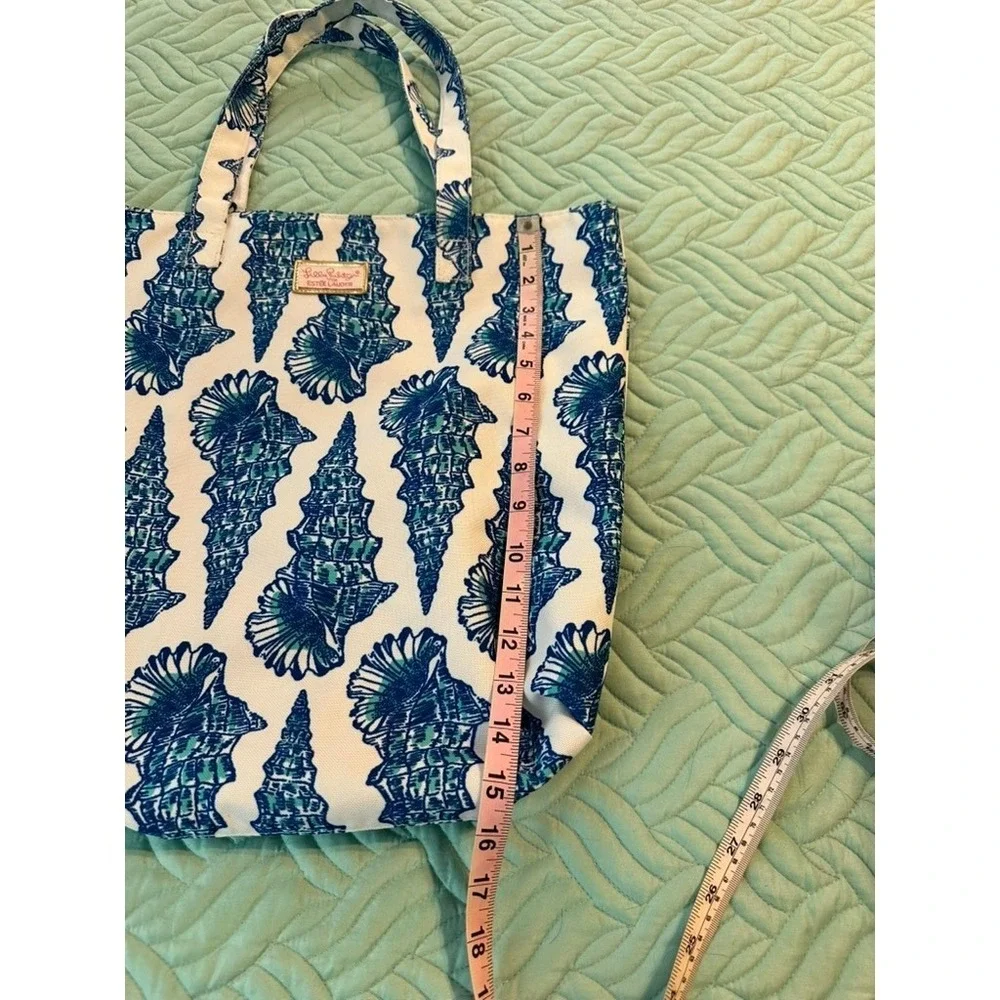 Lilly Pulitzer Estee Lauder Canvas Tote Bag Blue Teal Seashell‎ Print Beach Bag